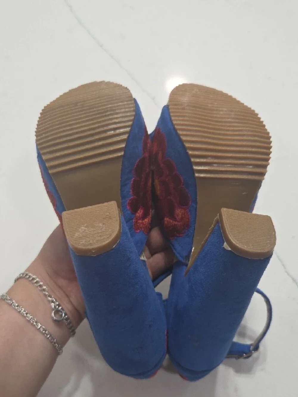 Blue Embroidered Floral Platform Heels